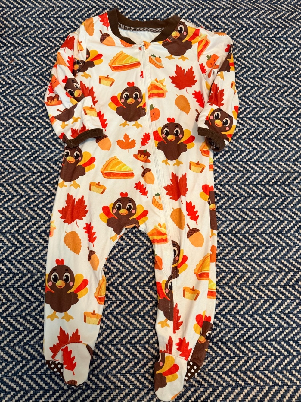 Baby/Toddler Thanksgiving Turkey Print One-Piece Footed Pajamas - White & Brown